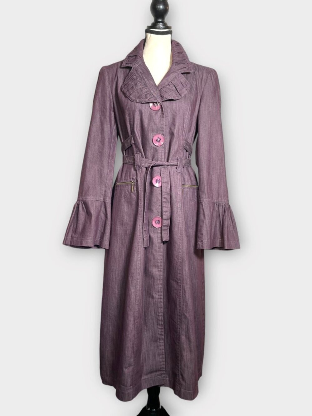 Purple Denim Trench Coat Ruffle Collar Bell Sleeve Belted Midi Whimsical Y2K 8